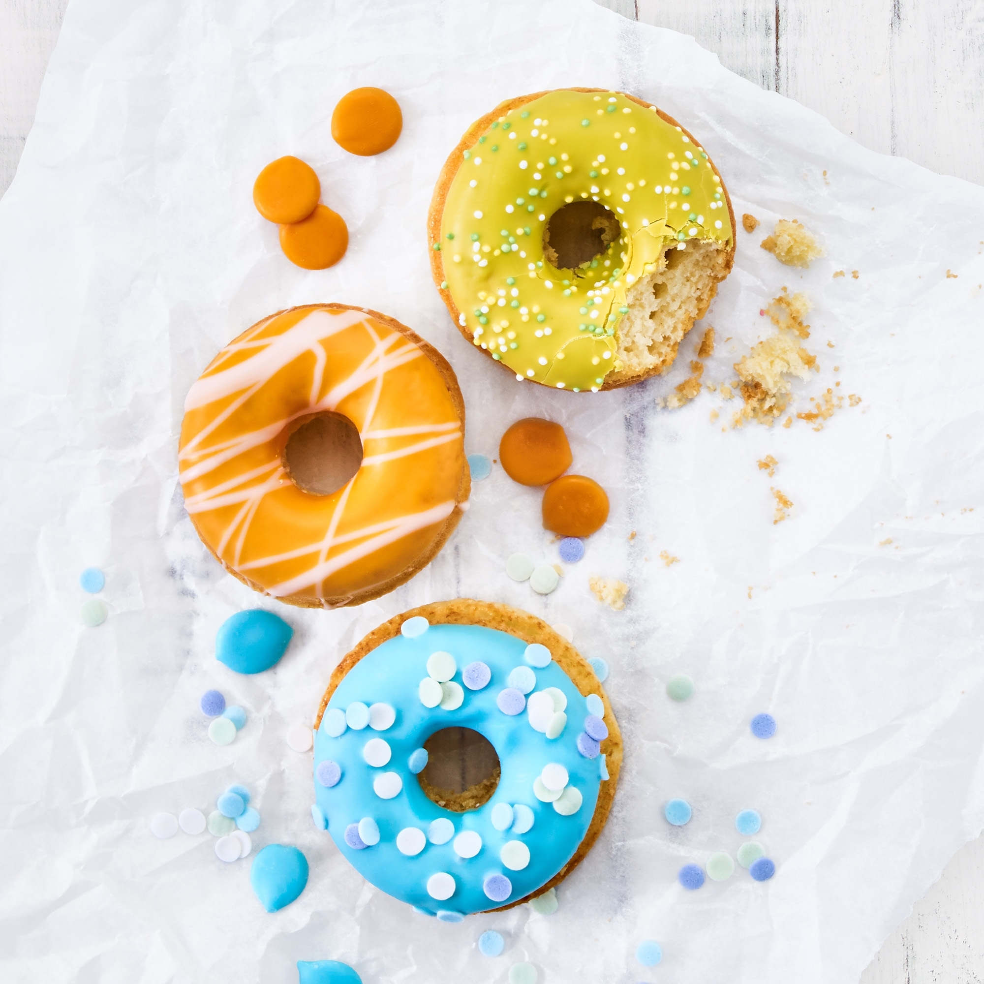 Colourful mini donuts baked with the Birkmann mini tray