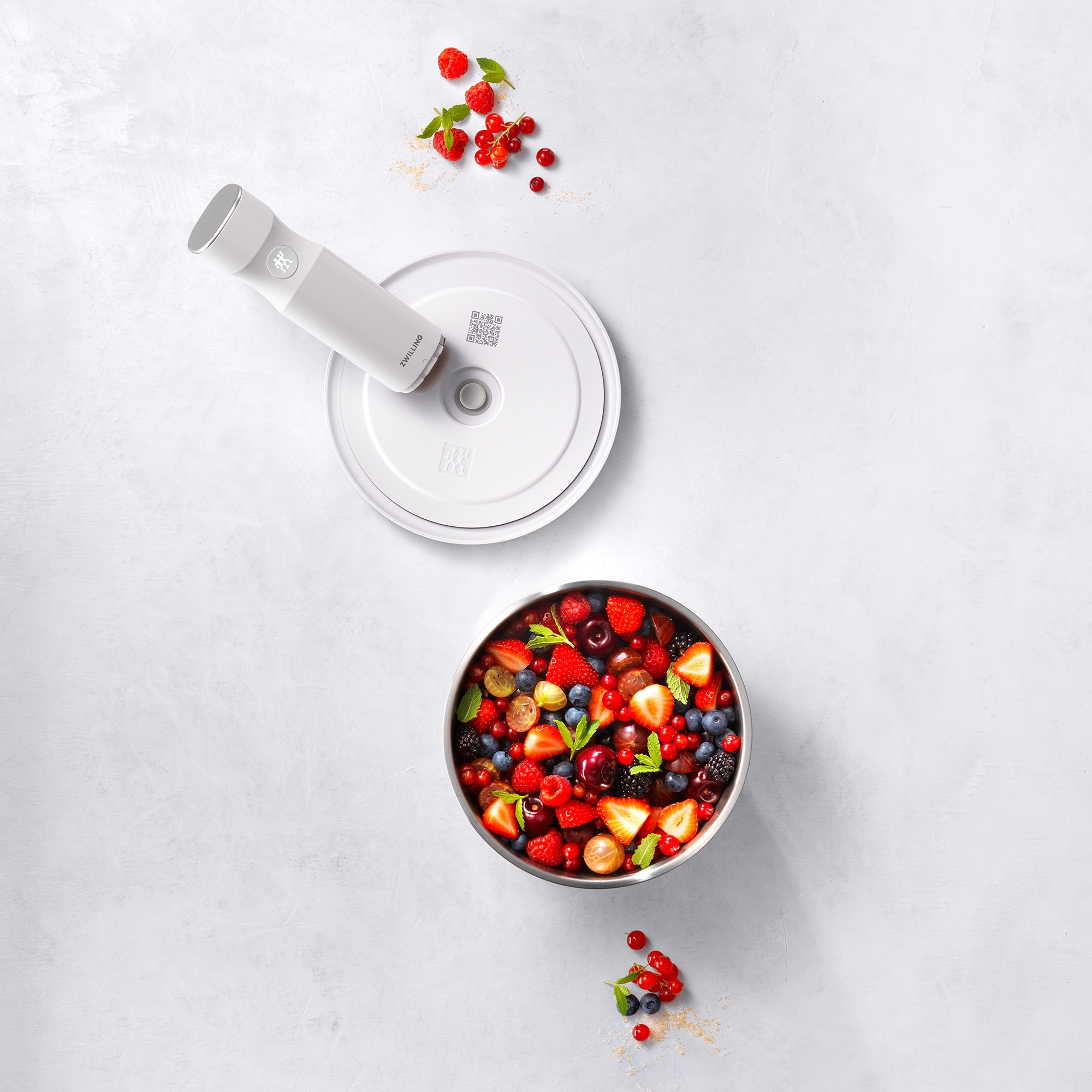 Frisches Beerenobst in Edelstahlbehälter mit elektrischem Ze