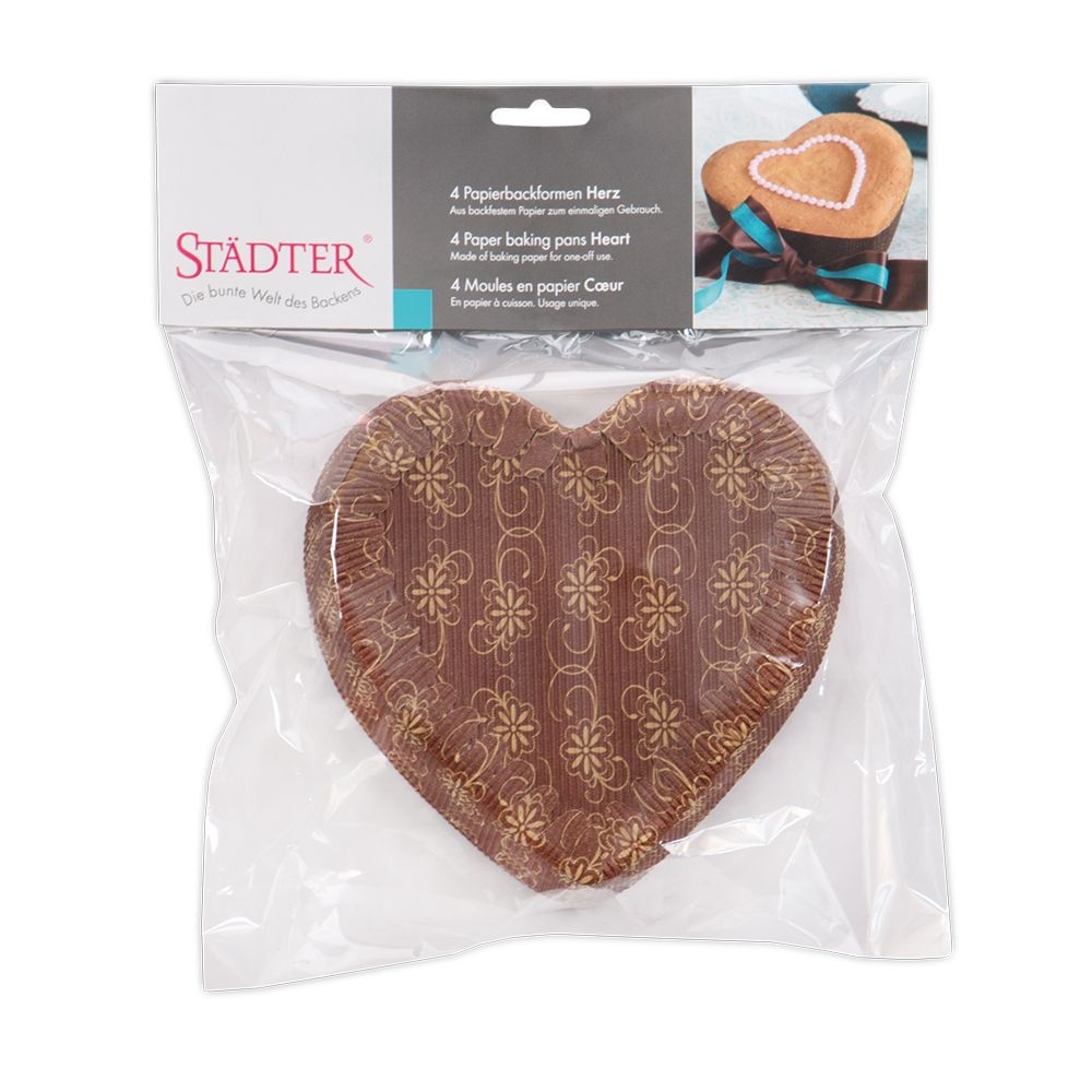 Städter - Papierbackform Herz - 18 cm / H 3,5 cm - Braun - 4 Stück