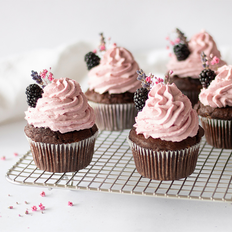 Frische Schoko-Cupcakes mit rosa Brombeercreme