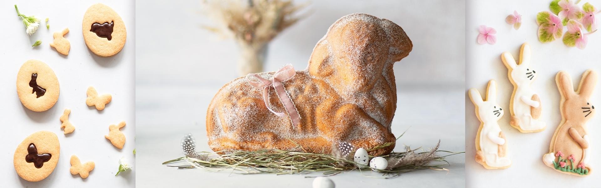 Osterlammkuchen umgeben von Osterplätzchen