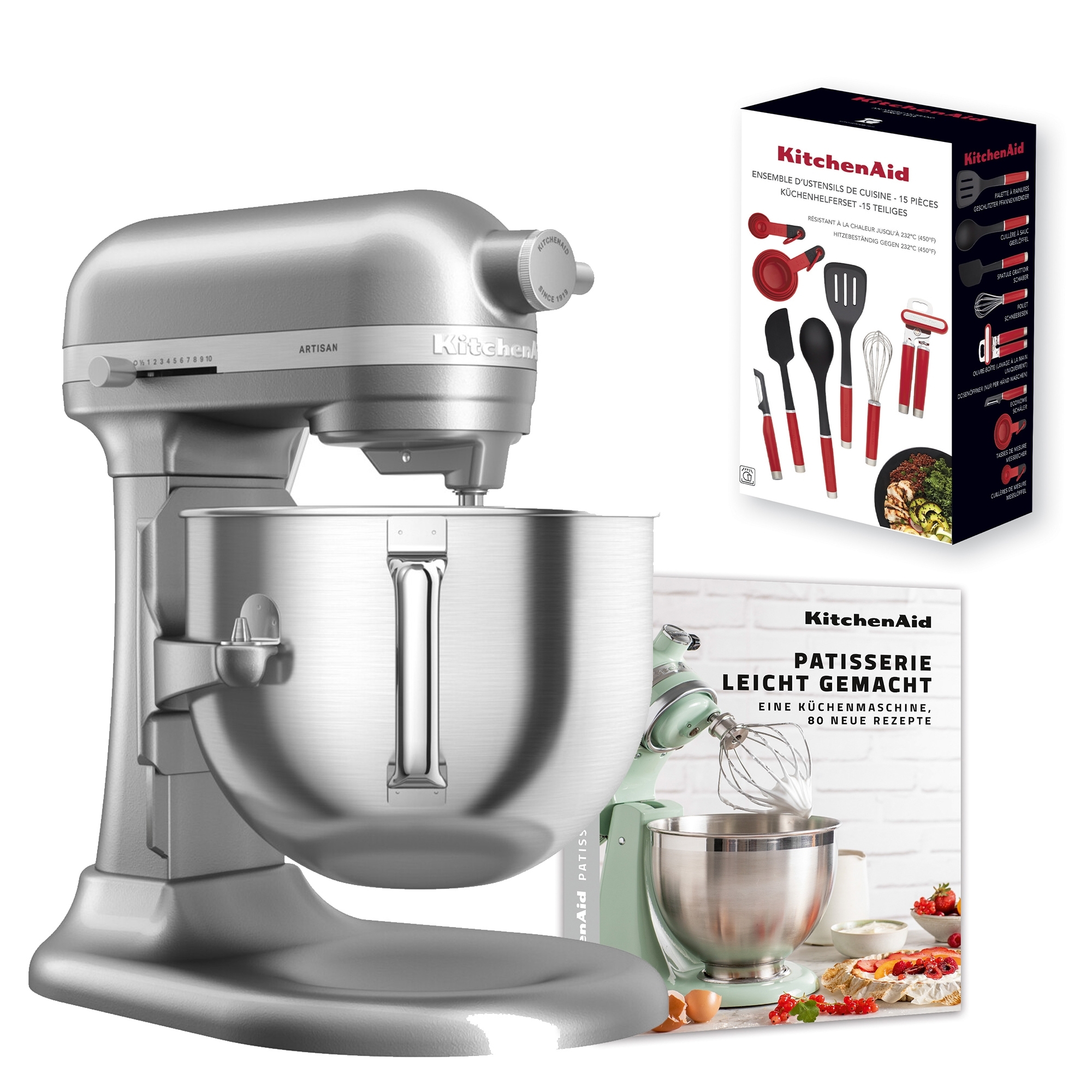 KitchenAid - Set food processor 6,6 L + 15 pcs kitchen aid set + recipe book "Patisserie made easy" - Contur Silver