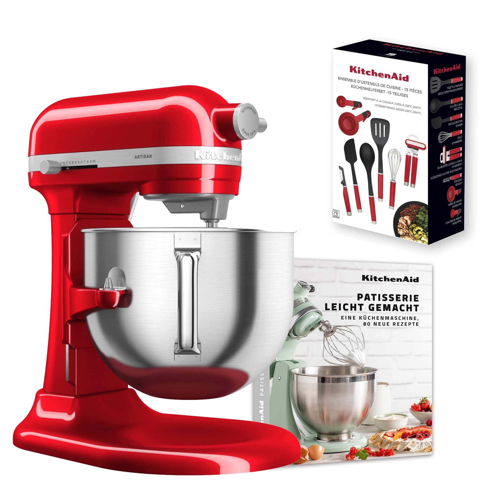 KitchenAid - Set food processor 6,6 L + 15 pcs kitchen aid set + recipe book "Patisserie made easy" - Candy Apple Red