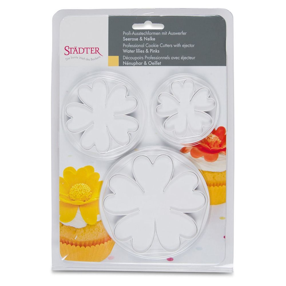 Städter - Ausstecher mit Auswerfer Seerosen & Nelken - 55 / 70 / 95 mm - Set, 3-teilig