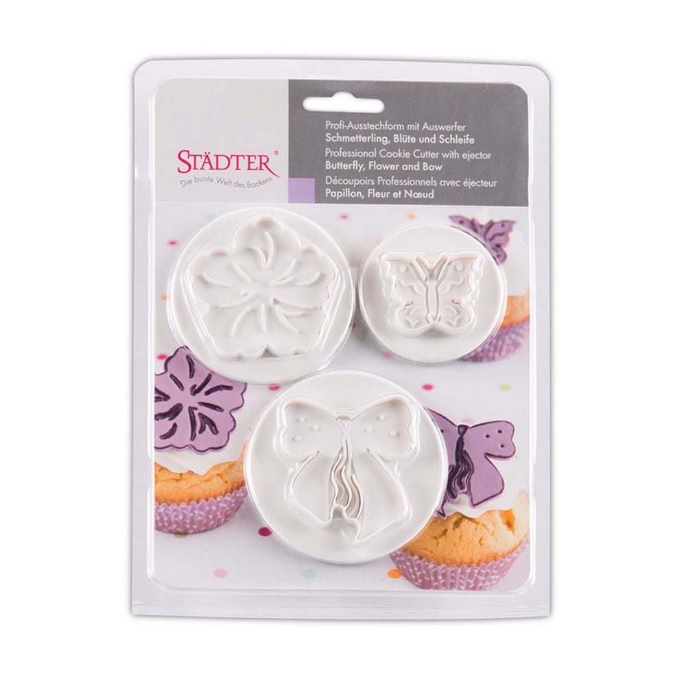 Städter - Ausstecher mit Auswerfer Schmetterling – Blüte – Schleife - 30 / 55 / 60 - Set, 3-teilig